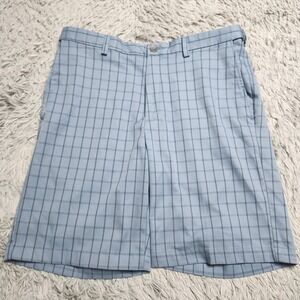 Haggar Cool 18 Pro Shorts Mens 34 Blue Plaid Golf Performance Flat Front Comfort